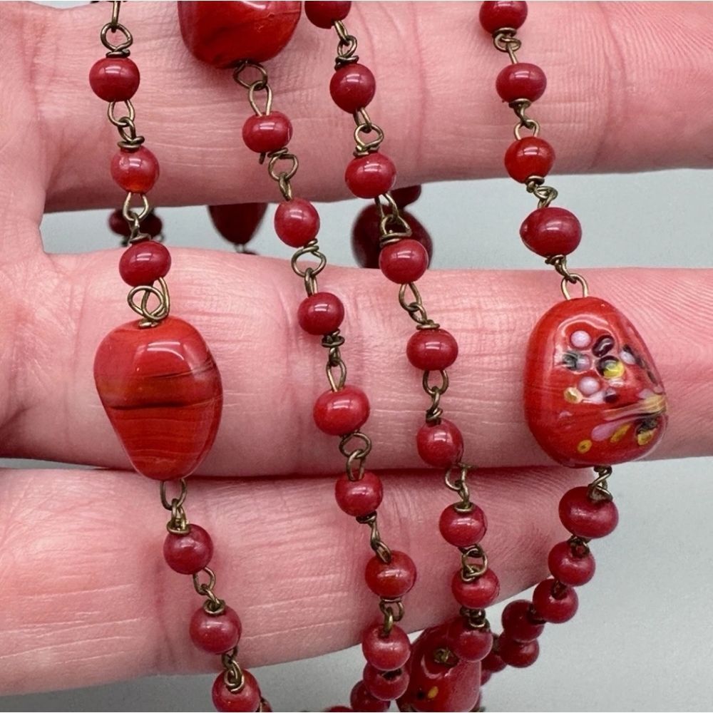 Vintage Gold Tone Red Murano? Glass Beaded Chain Necklace, 50" - Picture 3 of 5